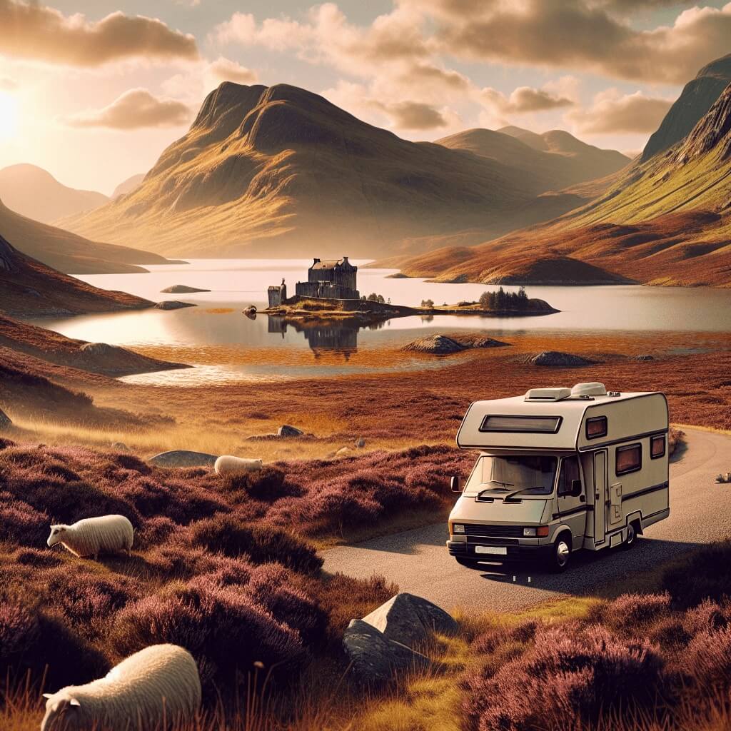 Autocaravana de alquiler en paisaje escocés con ovejas, lago tranquilo y castillo al atardecer
