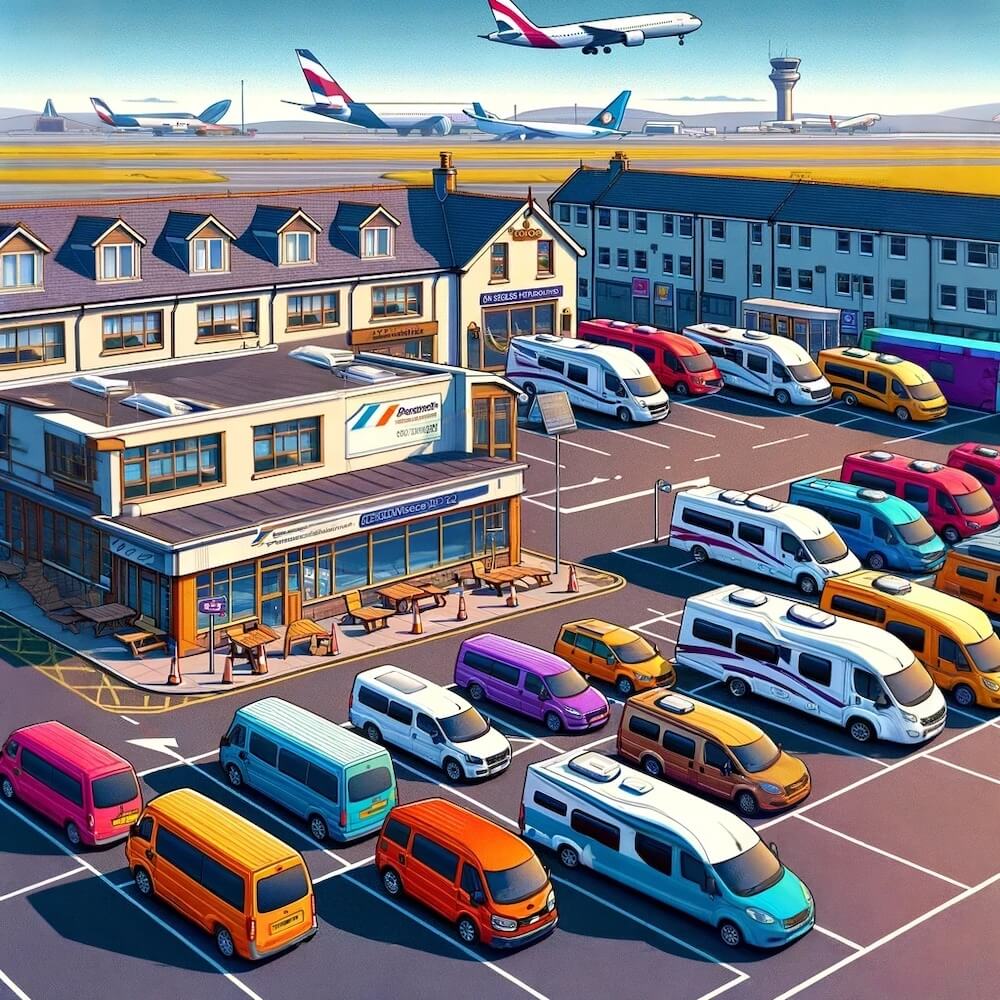 Parking de una empresa de alquiler de autocaravanas en el aeropuerto de Edimburgo