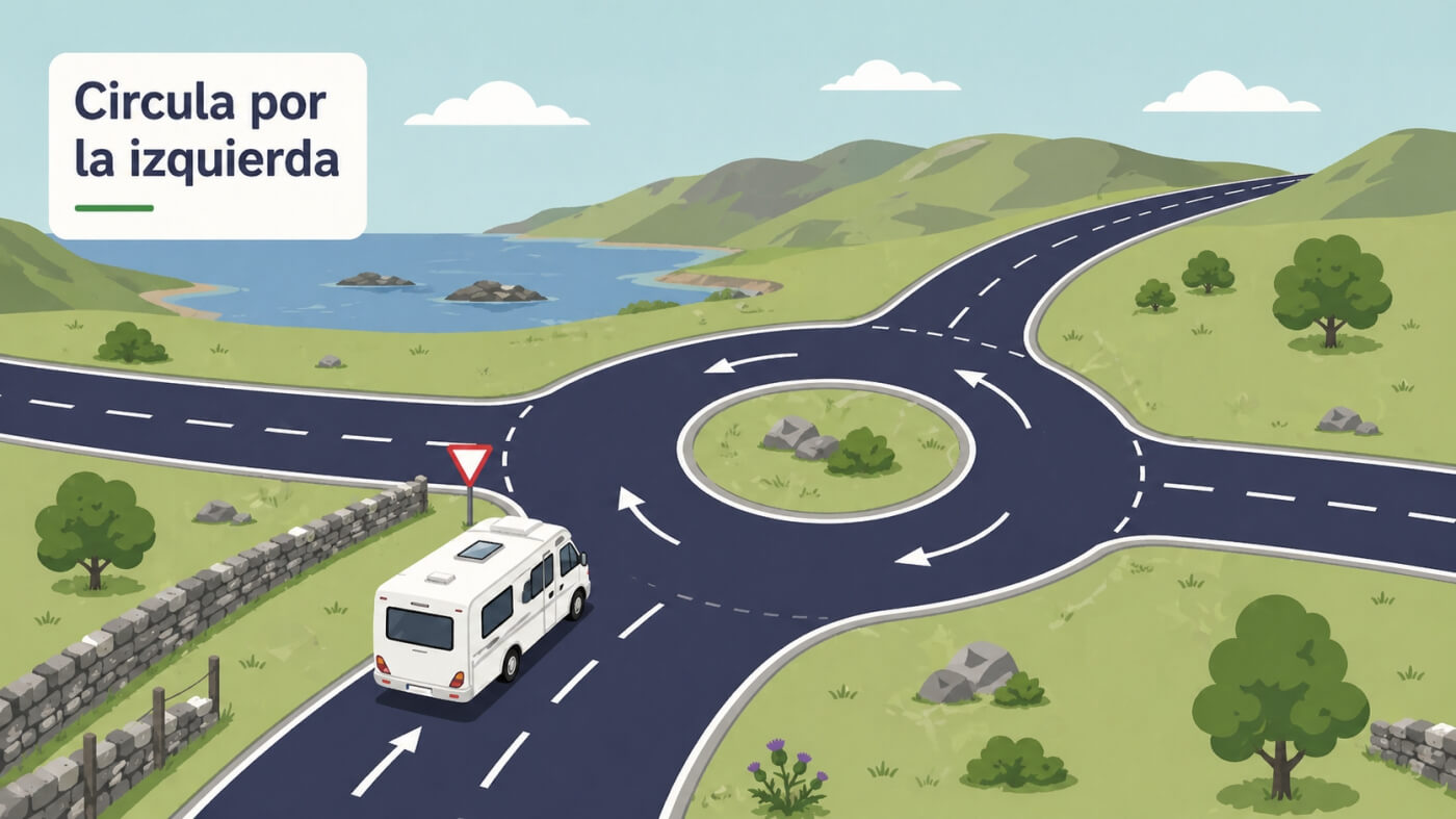 Autocaravana circulando por la izquierda en una rotonda de Escocia