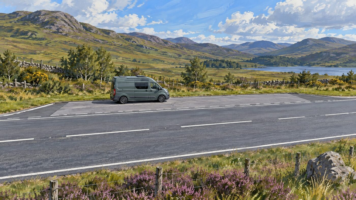Camper estacionada en un apartadero de carretera en Escocia.