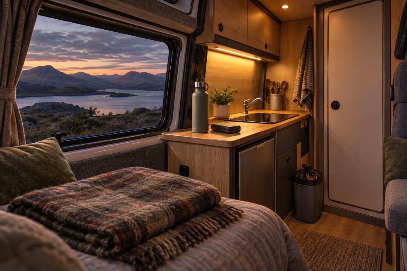 Interior de una camper preparado para la noche, con agua, batería, manta y basura recogida.