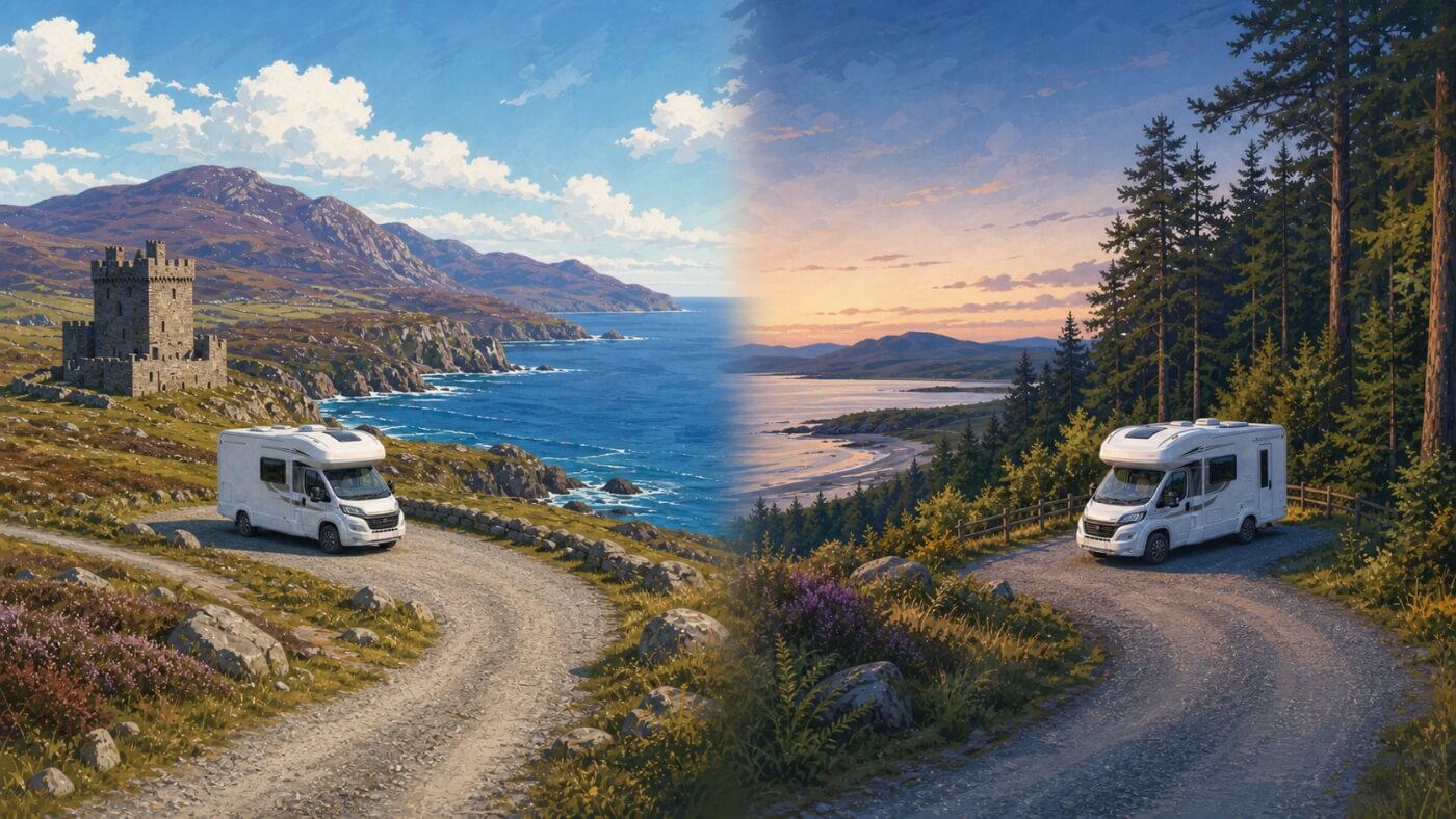 Comparación ilustrada de una autocaravana entre los castillos y montañas de la NE250 y la costa boscosa de la SWC300.