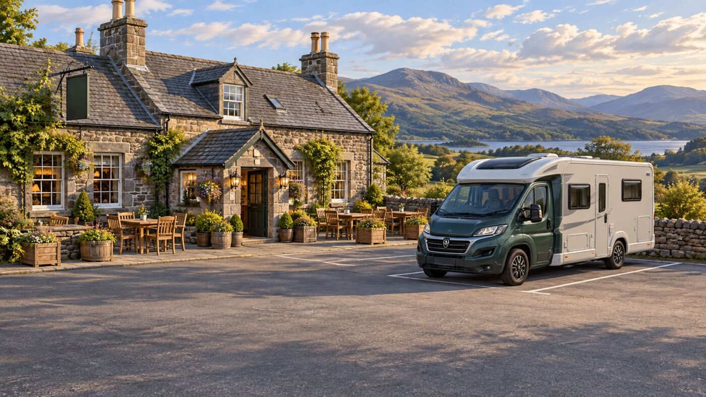 Autocaravana estacionada junto a un pub rural con terraza en Escocia.