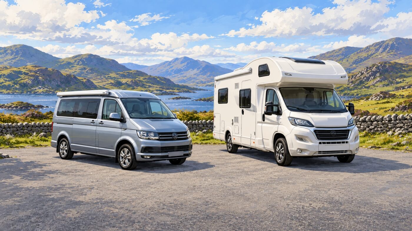 Una camper compacta y una autocaravana mayor aparcadas junto a un lago escocés.