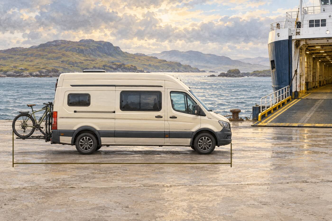 Camper con portabicicletas trasero incluido en su longitud total, junto a la rampa del ferry.