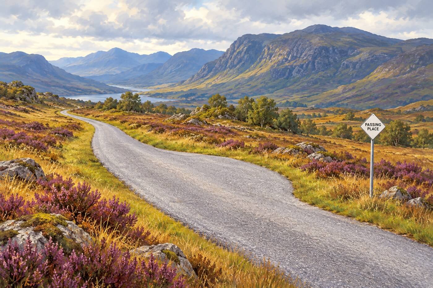 Carretera de un solo carril con un ensanchamiento lateral señalizado como passing place en Escocia.
