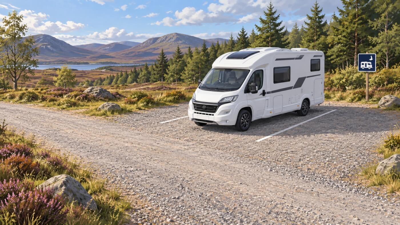 Autocaravana en una zona de pernocta autorizada junto a un bosque escocés.