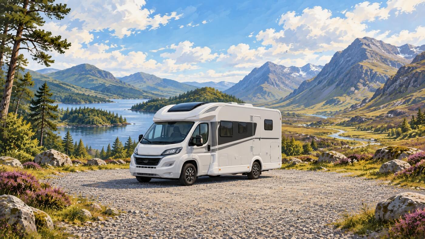 Autocaravana entre un lago boscoso y un valle montañoso de Escocia