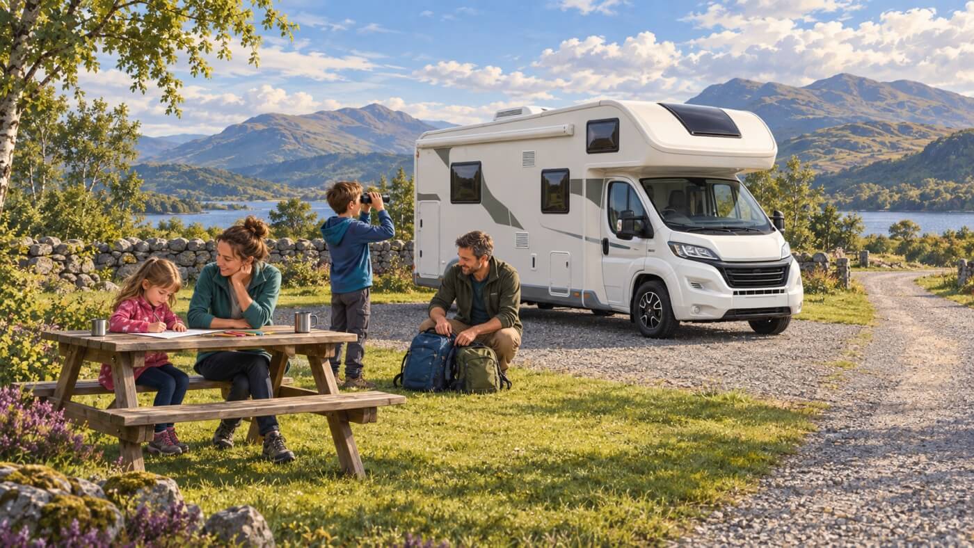 Familia junto a su autocaravana en un camping de Escocia