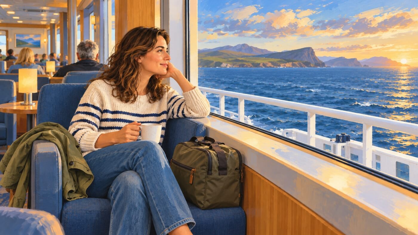 Viajera con bolsa de noche en el salón de pasajeros de un ferry.