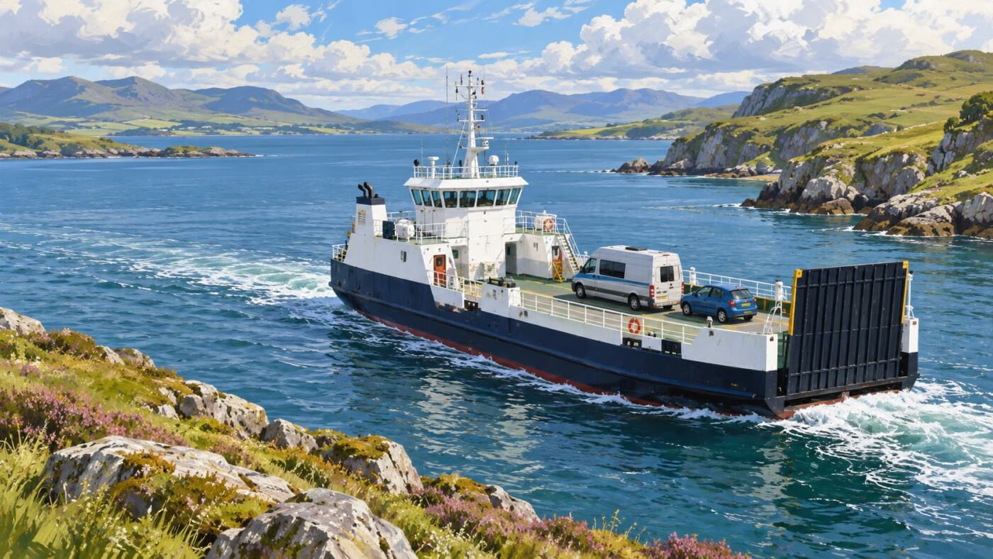 Camper a bordo de un ferry que navega junto a la costa escocesa.