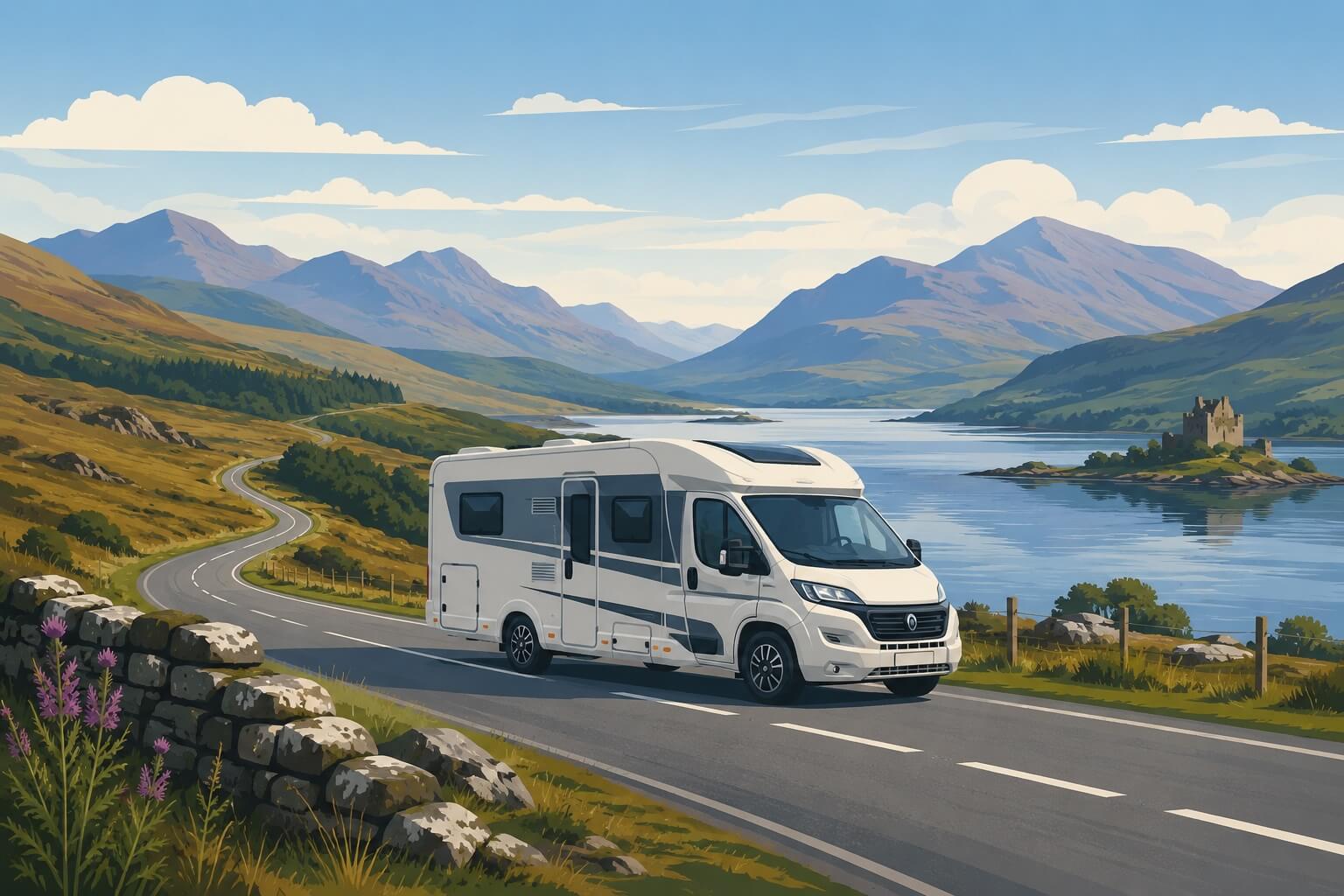 Autocaravana circulando por una carretera de Escocia junto a un lago, montañas y un castillo al fondo