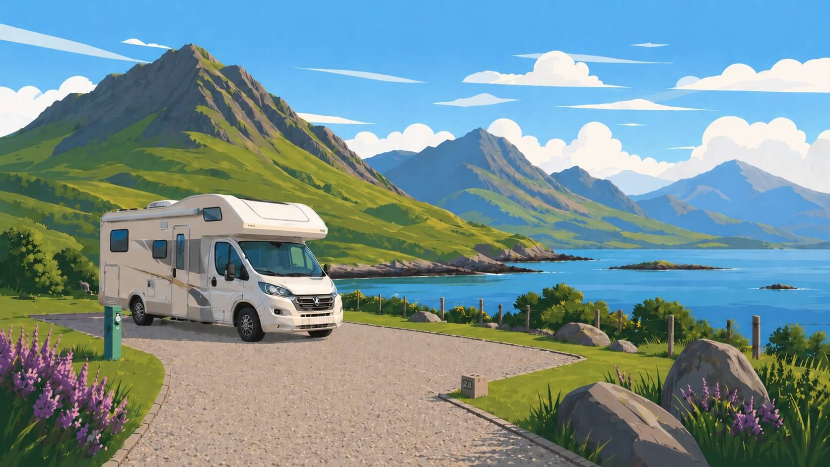 Autocaravana en un camping de Escocia junto a una bahía, con montañas al fondo