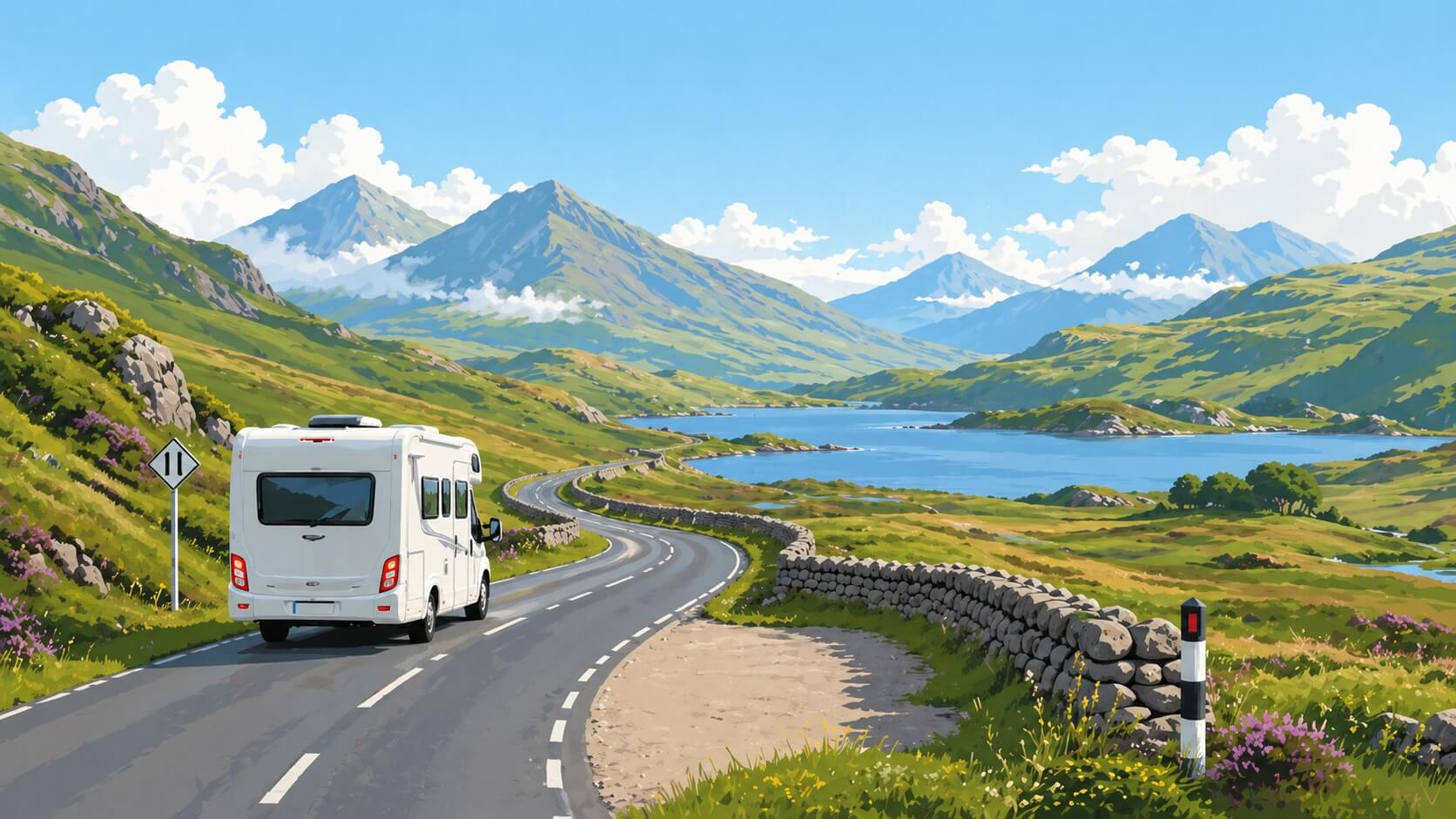 Autocaravana circulando por una carretera de Escocia entre montañas, lago y muros de piedra