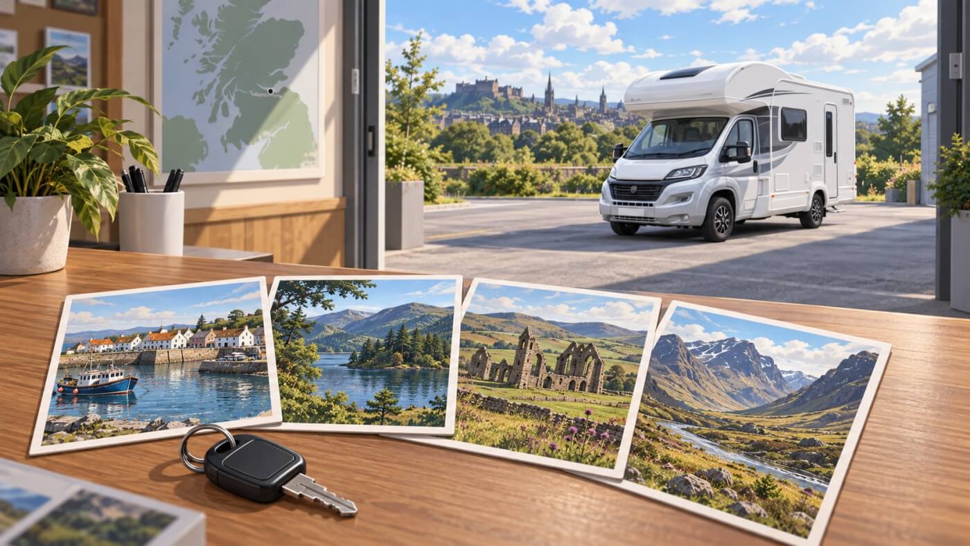 Autocaravana junto a cuatro opciones de ruta desde Edimburgo