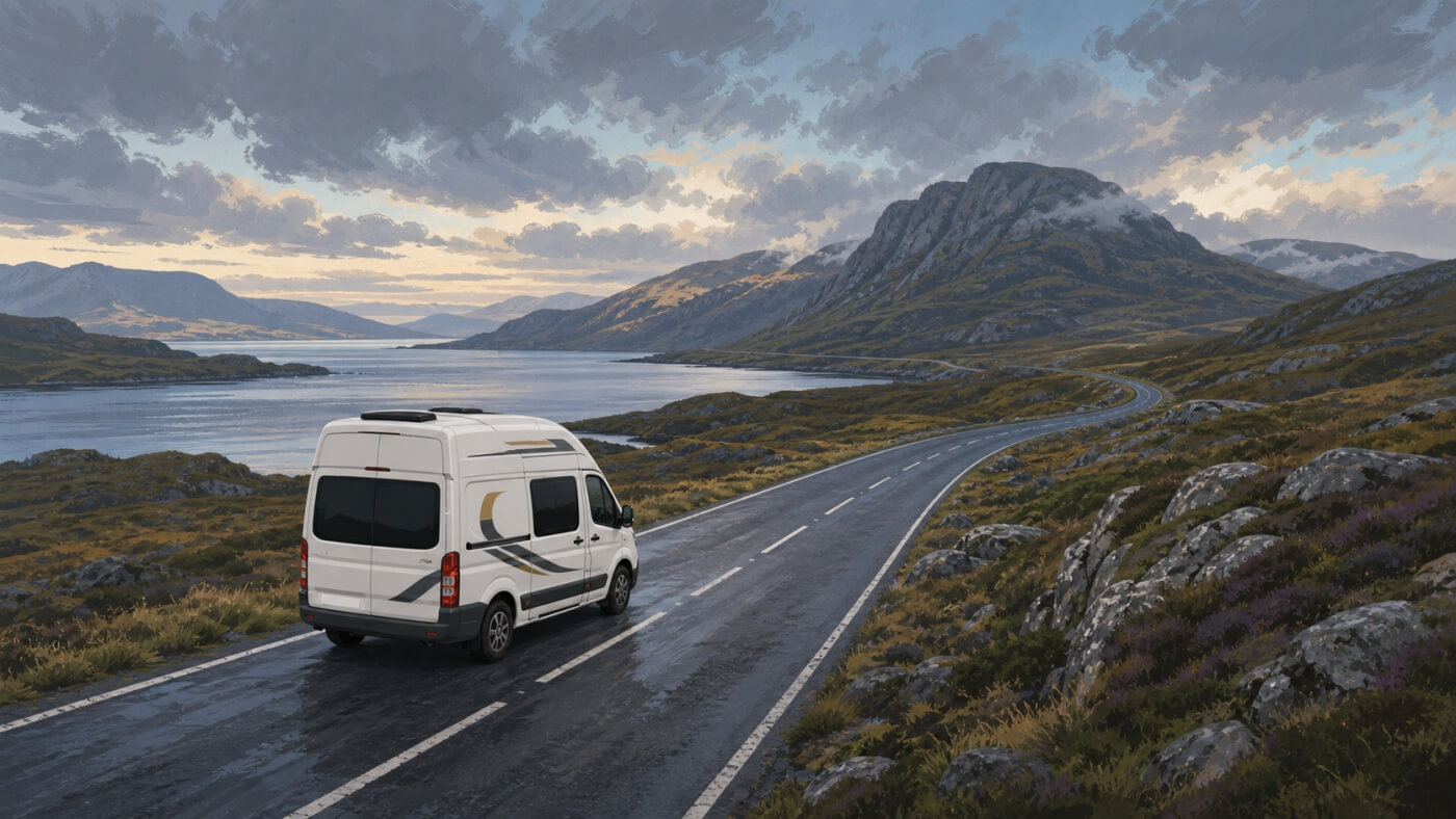 Una camper compacta recorre una carretera costera de Assynt entre montañas y lagos de las Highlands.
