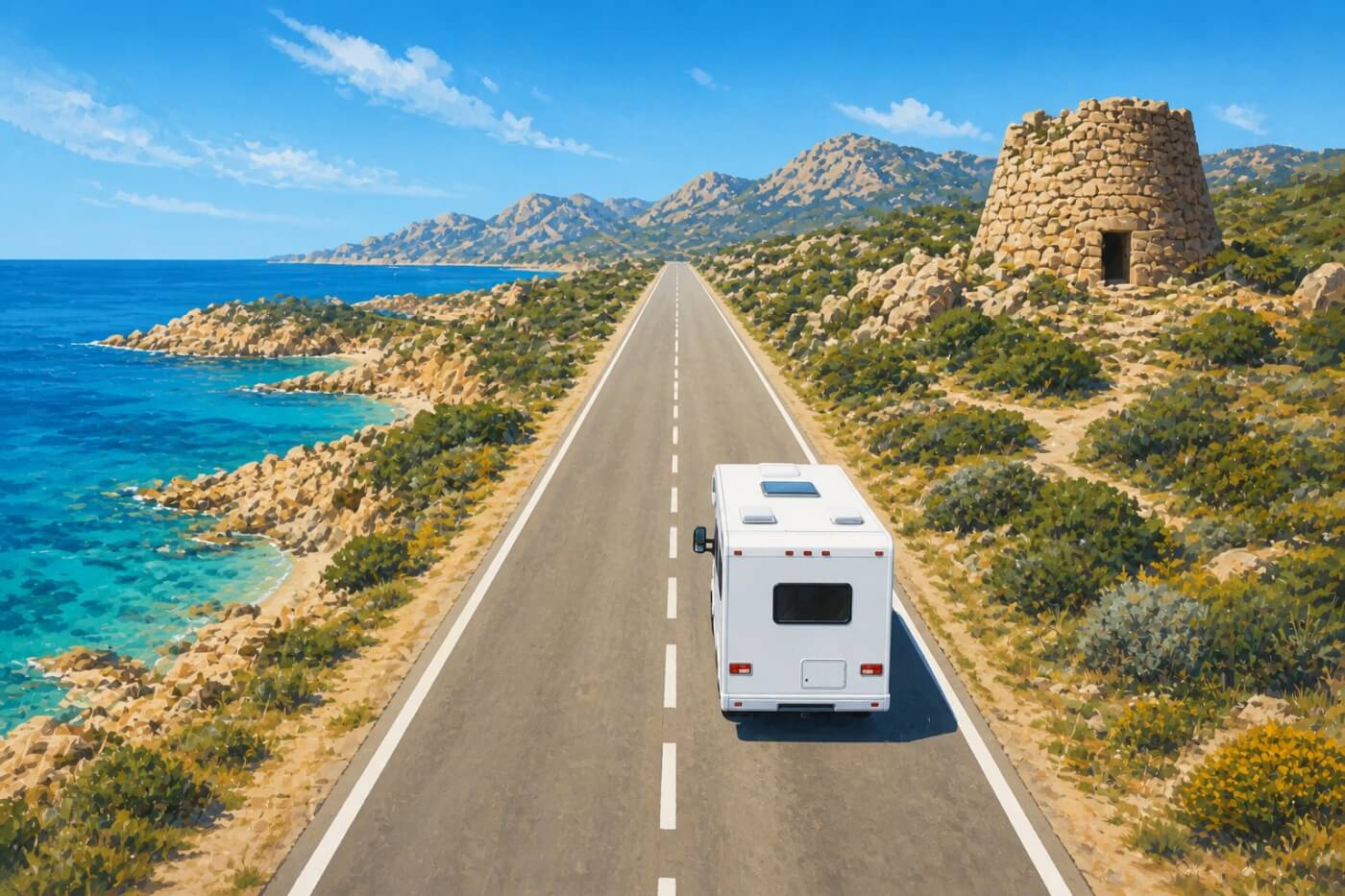 Autocaravana recorriendo la costa de Cerdeña junto a un nuraghe.