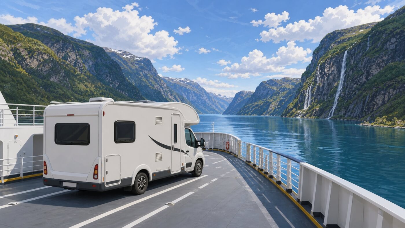 Una autocaravana cruza un fiordo noruego a bordo de un ferry entre montañas y cascadas.