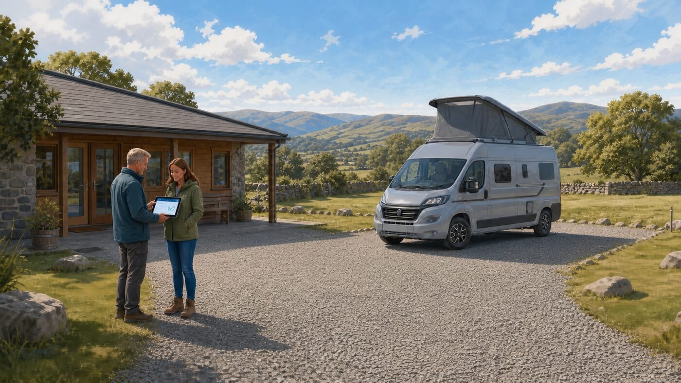 Viajera confirma en una tableta una parcela para su camper en un camping de Escocia.