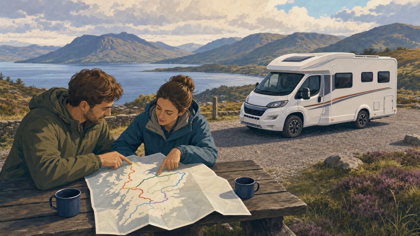 Dos viajeros consultan un mapa de rutas junto a una autocaravana en un mirador de las Highlands escocesas.