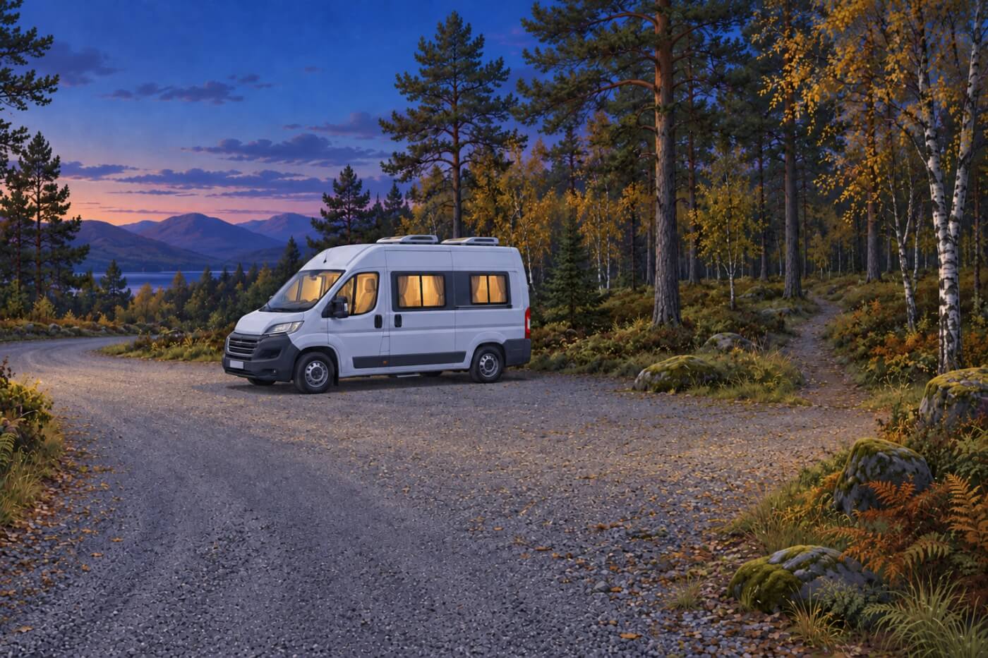Camper estacionada al anochecer en una explanada forestal, con el acceso y el sendero libres.