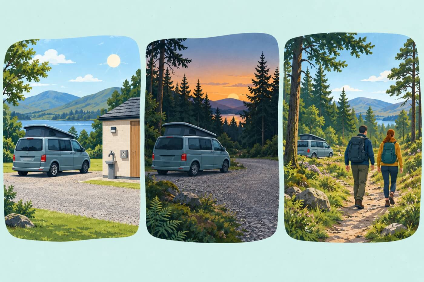 Tres etapas de viaje: camping con servicios, noche forestal y paseo al día siguiente.