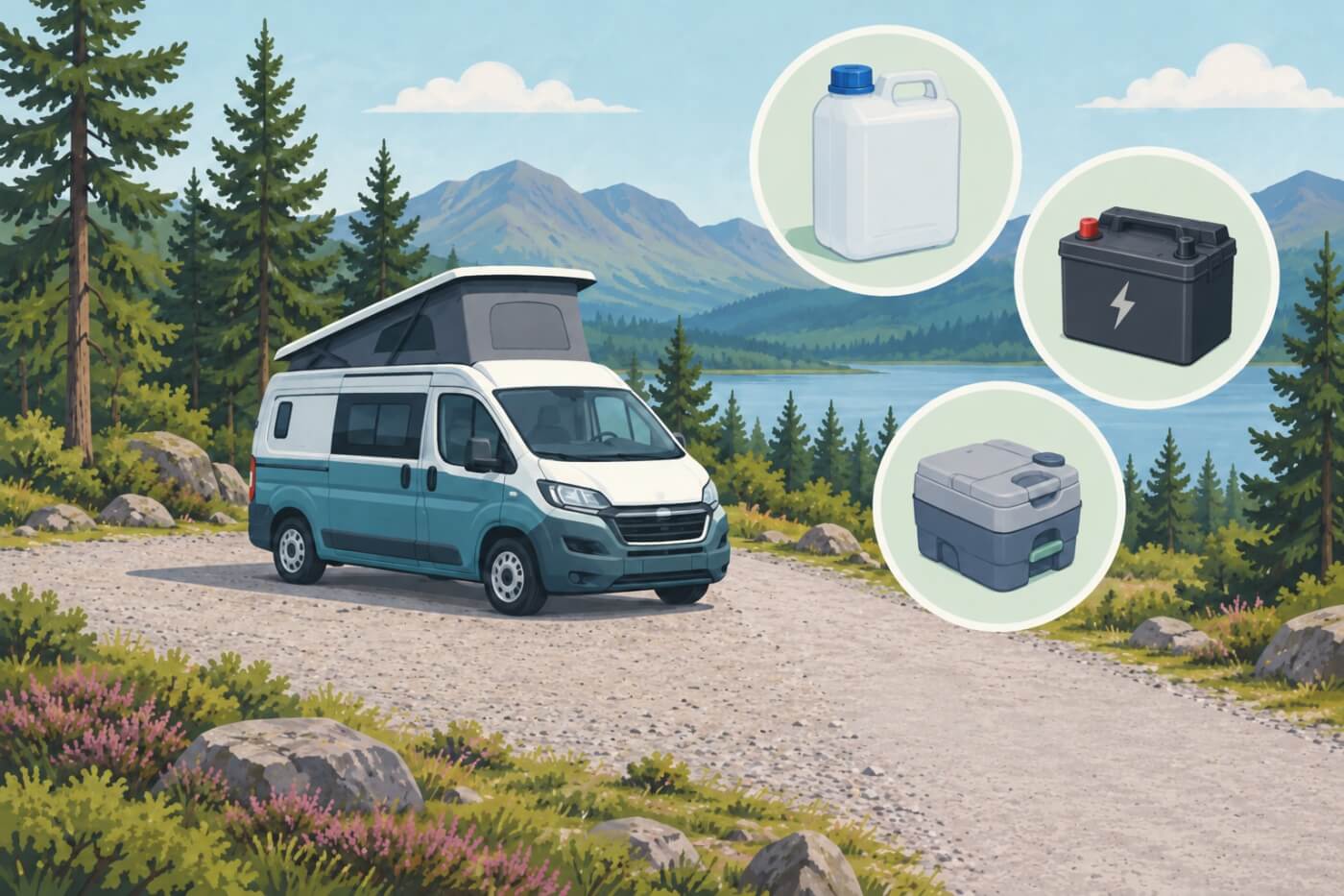 Camper en un aparcamiento forestal junto a símbolos de agua, batería y depósito del WC.