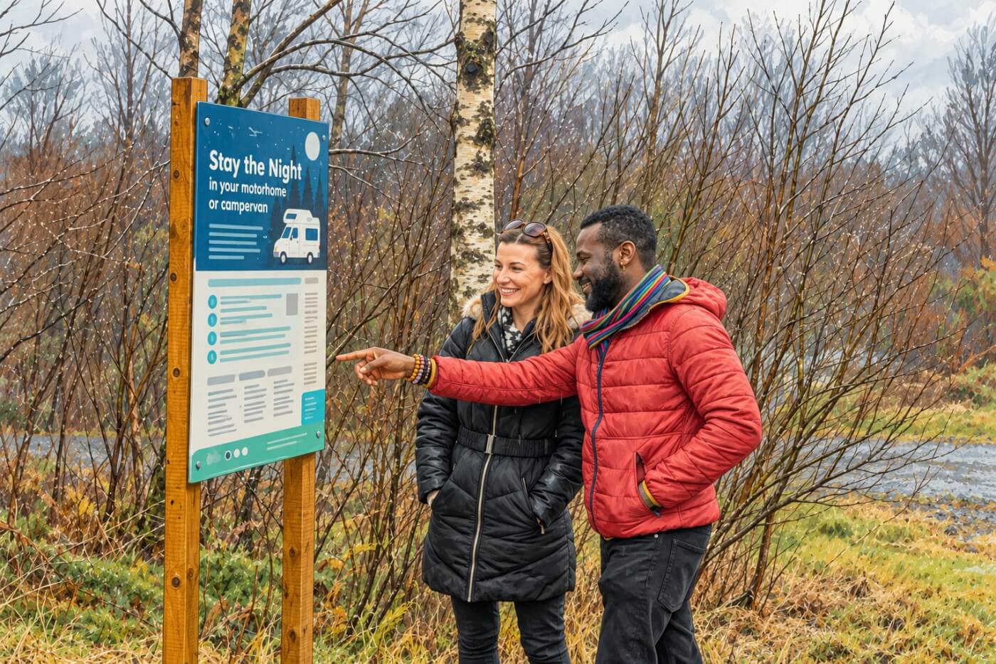 Dos personas consultan el cartel de Stay the Night en un entorno forestal escocés.