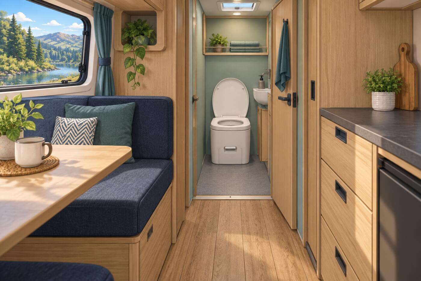 WC dentro del baño de una camper, accesible desde el pasillo del habitáculo.