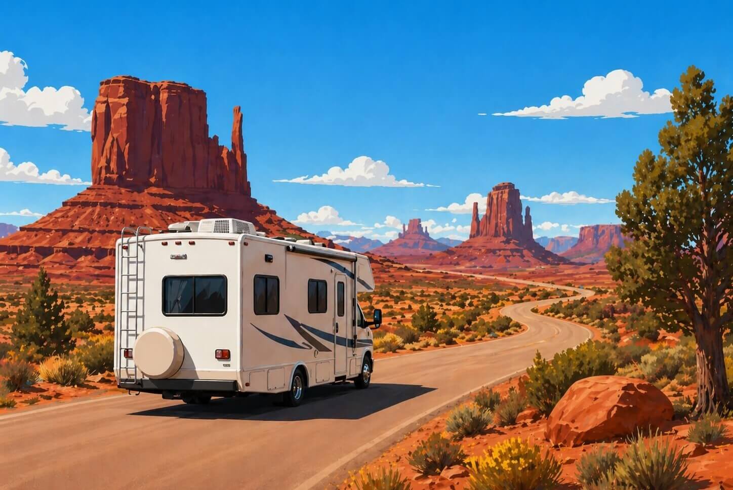 Autocaravana recorriendo una carretera entre los paisajes desérticos de Monument Valley.