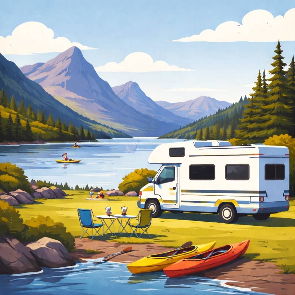 Autocaravana en Escocia, con kayaks, montañas y zona de descanso al aire libre.
