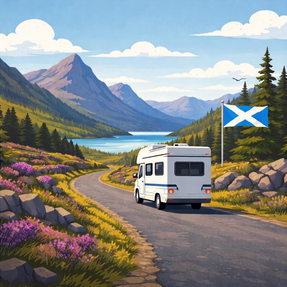 Autocaravana de alquiler recorriendo una carretera de un solo carril en las Tierras Altas de Escocia.